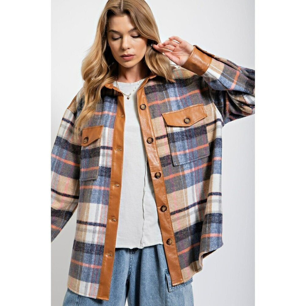 A Forever Thing Contrast Button-Down Shacket in Denim